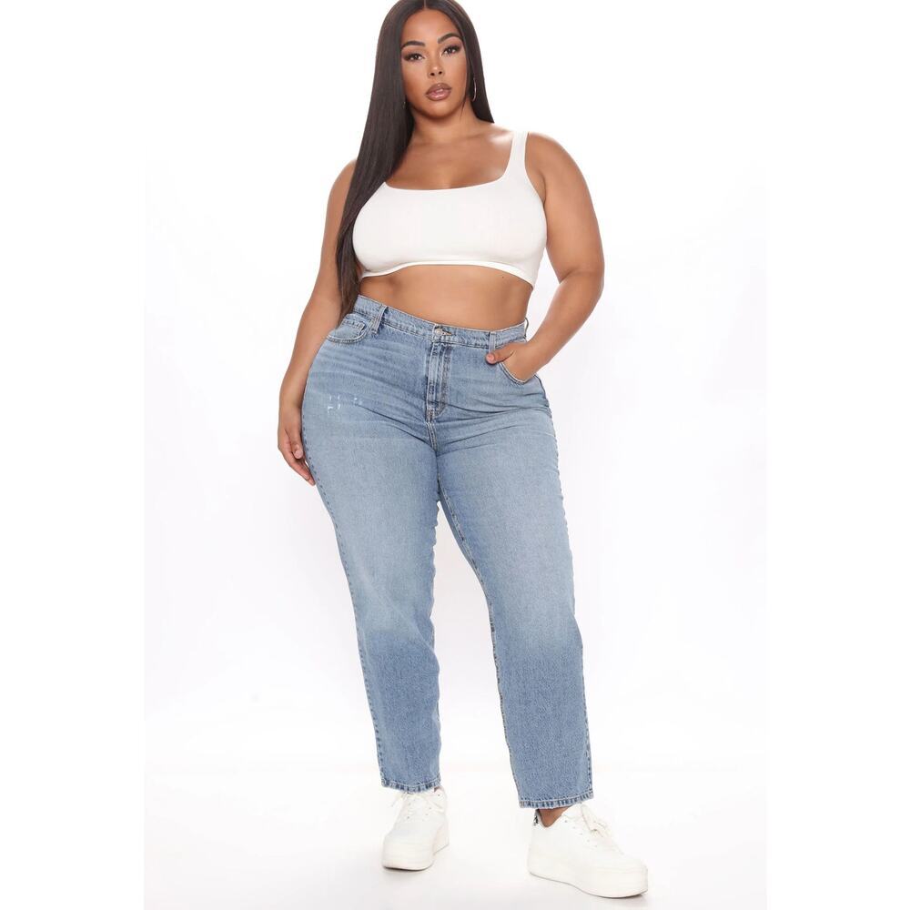 Fashion Nova Mom Jeans Sz 13 High Rise Light Wash Straight Leg Distressed Hem